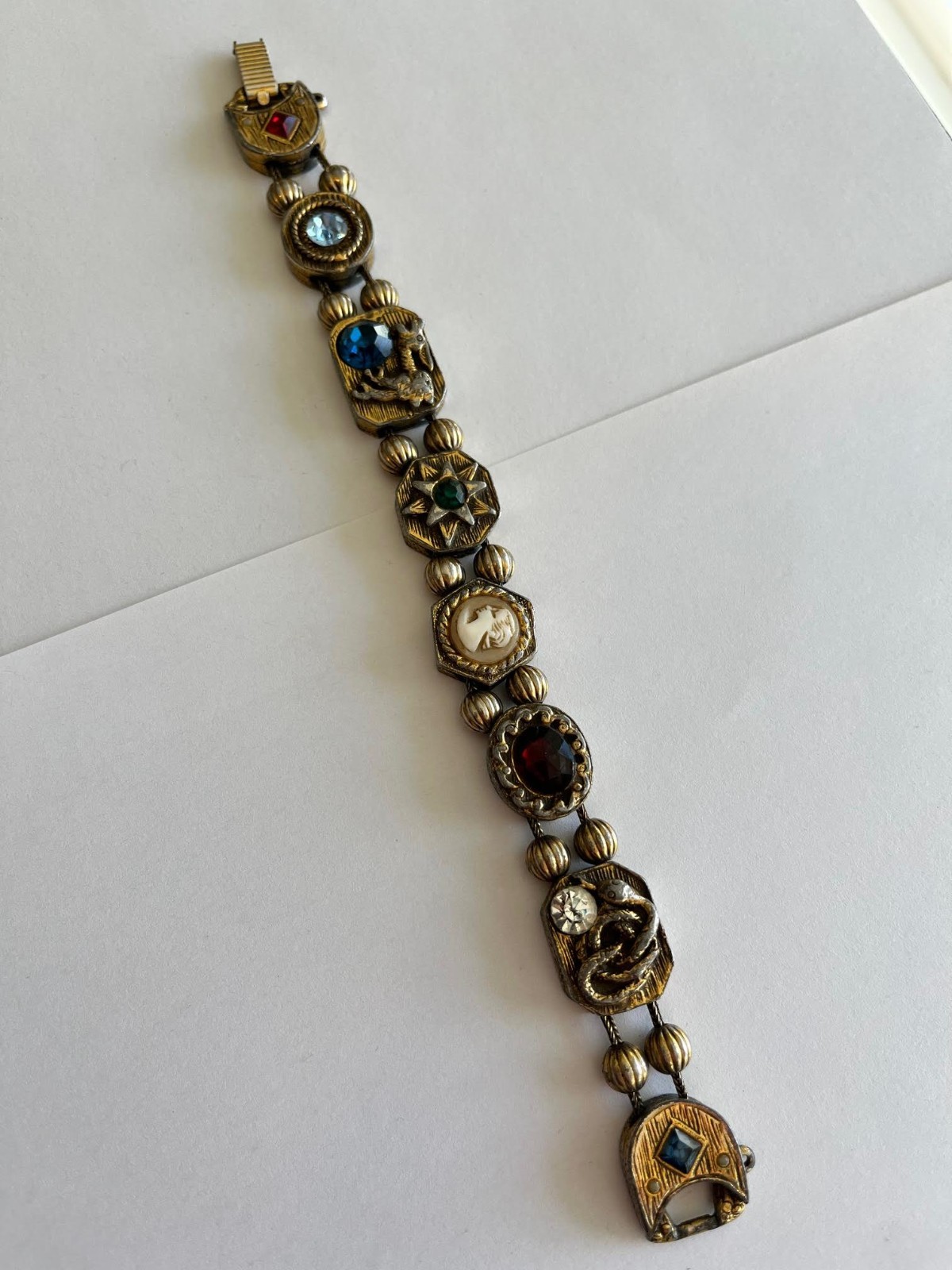 Vintage Goldette Victorian Revival Jeweled 8 Charm Slide Bracelet
