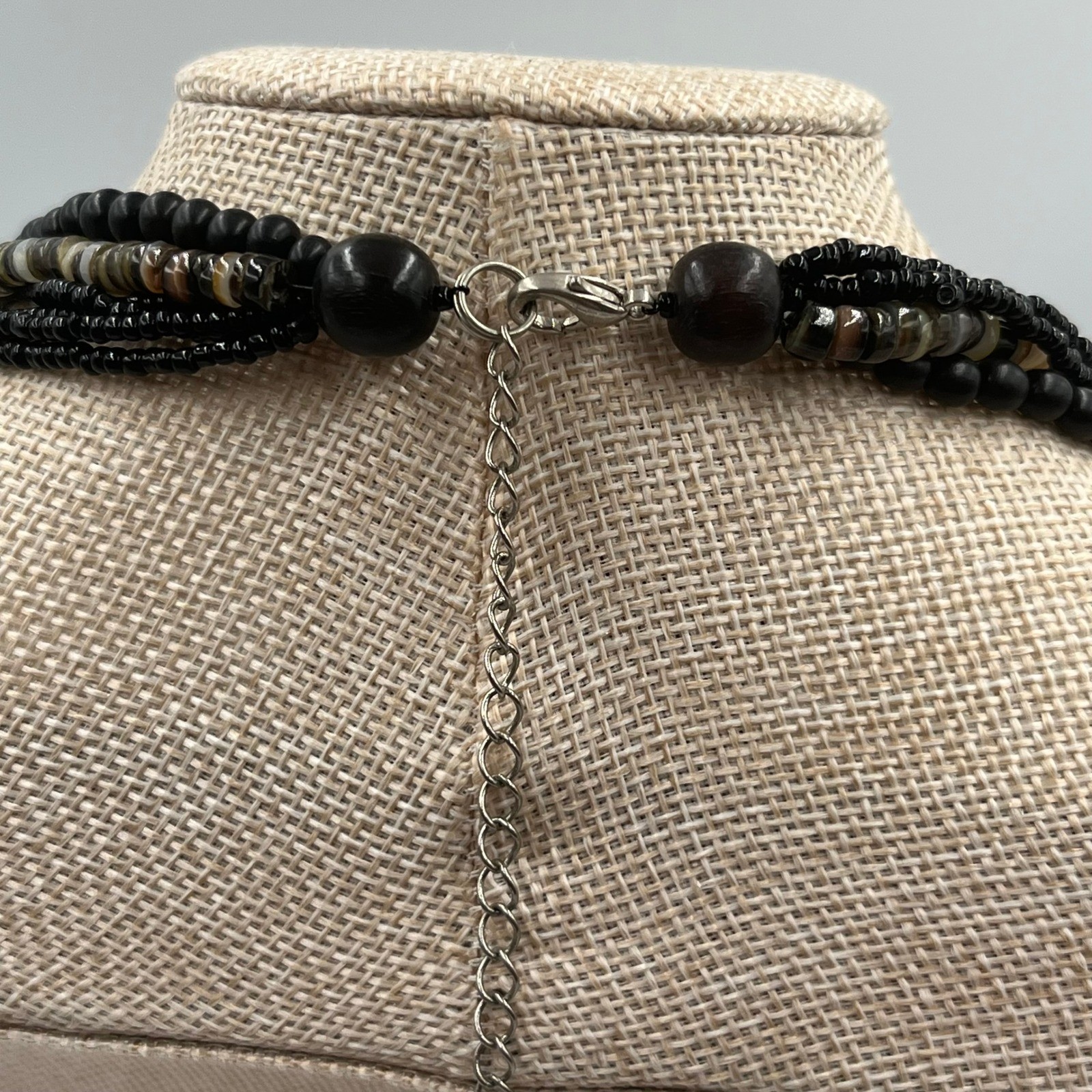 VTG Multi Strand Black Beaded Necklace Layered Shell Glass Mixed Media Statement