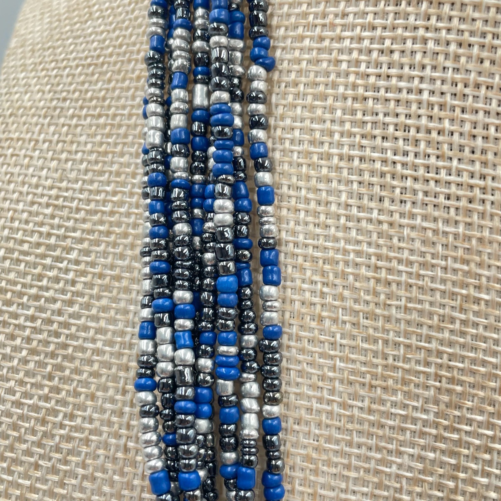VTG Multi-Strand Seed Bead Necklace Silver Blue Boho Statement Bib Layered Long