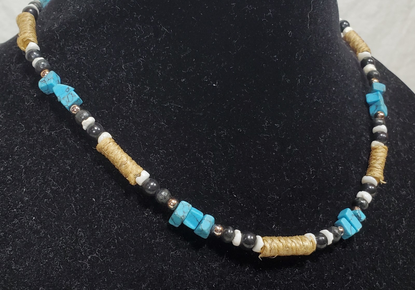 Vtg Panama Jack Southwest Hemp, Turquoise, Black & White Beads Necklace