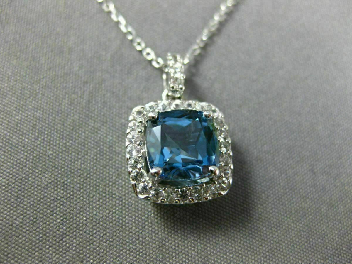 ESTATE 2.27CT AAA LONDON BLUE TOPAZ & WHITE SAPPHIRE 14K WHITE GOLD HALO PENDANT