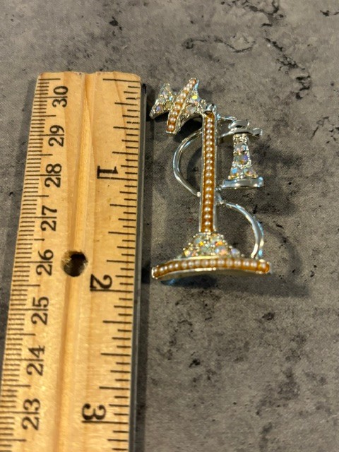 2 VINTAGE CANDLESTICK TELEPHONE BROOCHES- RHINESTONES AND FAUX PEARLS