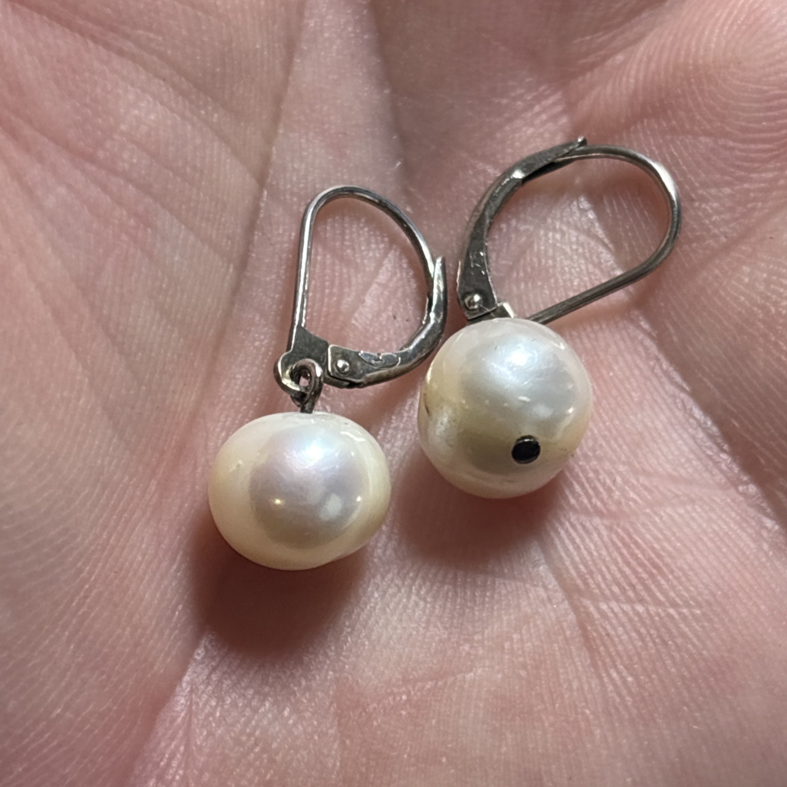 Vintage 925 Sterling Silver Freshwater Pearl Leverback Dangle Earrings