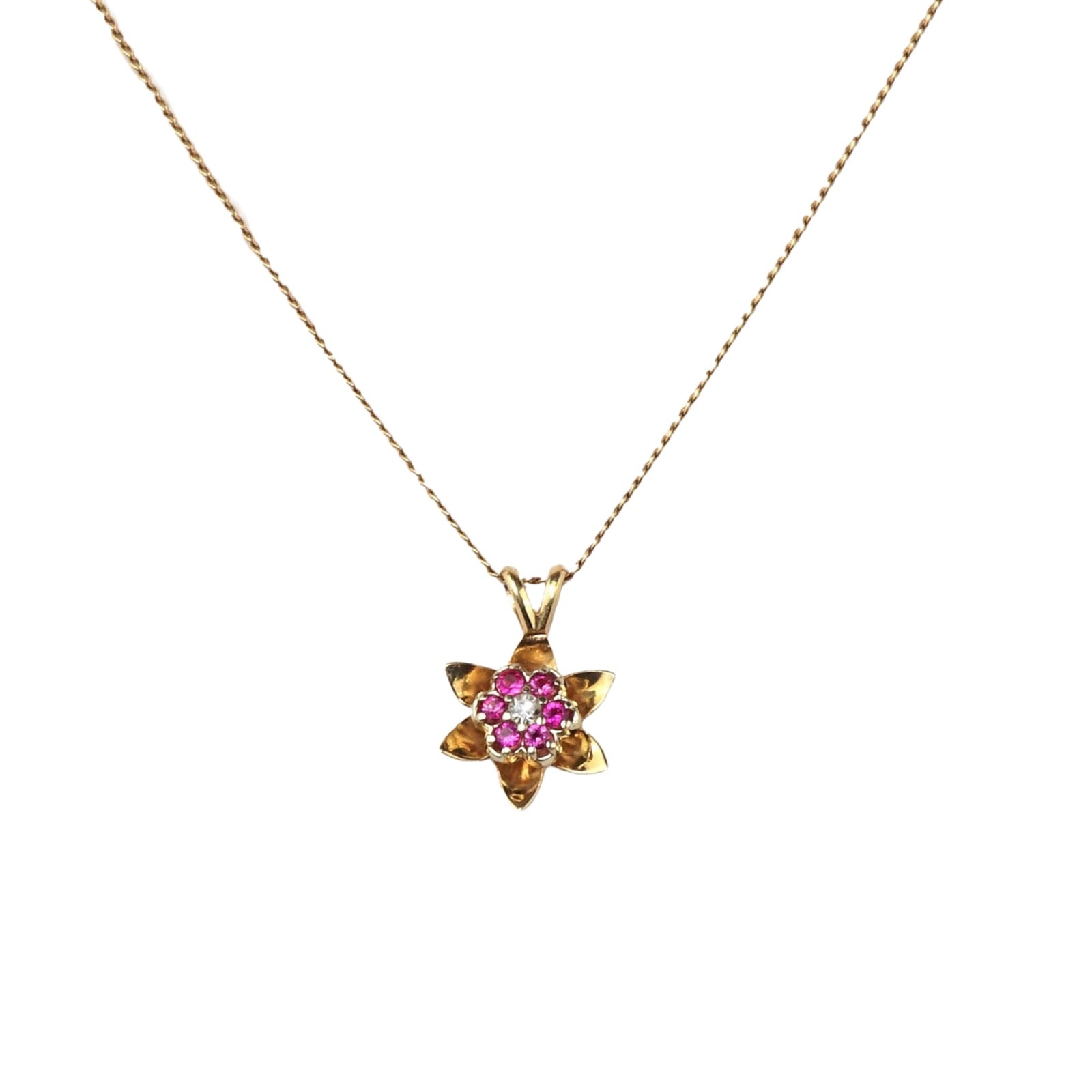 14K Solid Yellow White Gold Ruby Diamond Flower Pendant Necklace, Lab Ruby