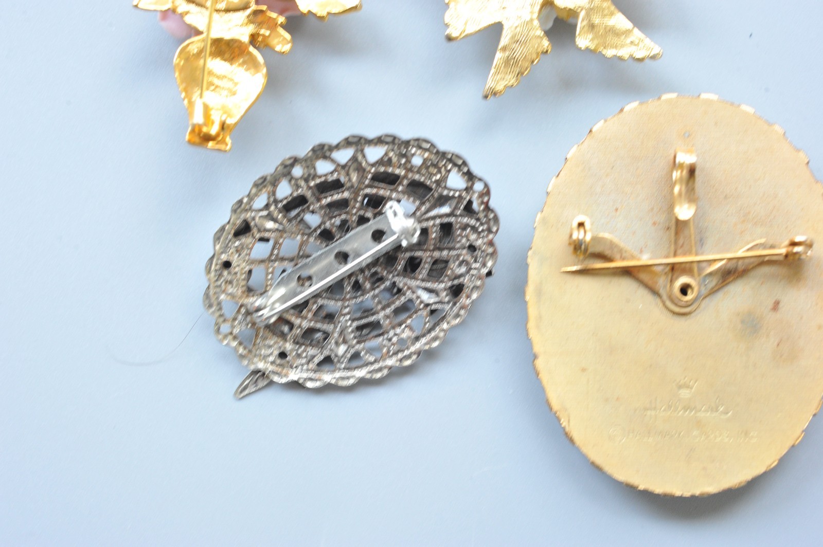 Vtg modern Brooch Lot cameo style flower gardening hat fairy 2 signed MA13
