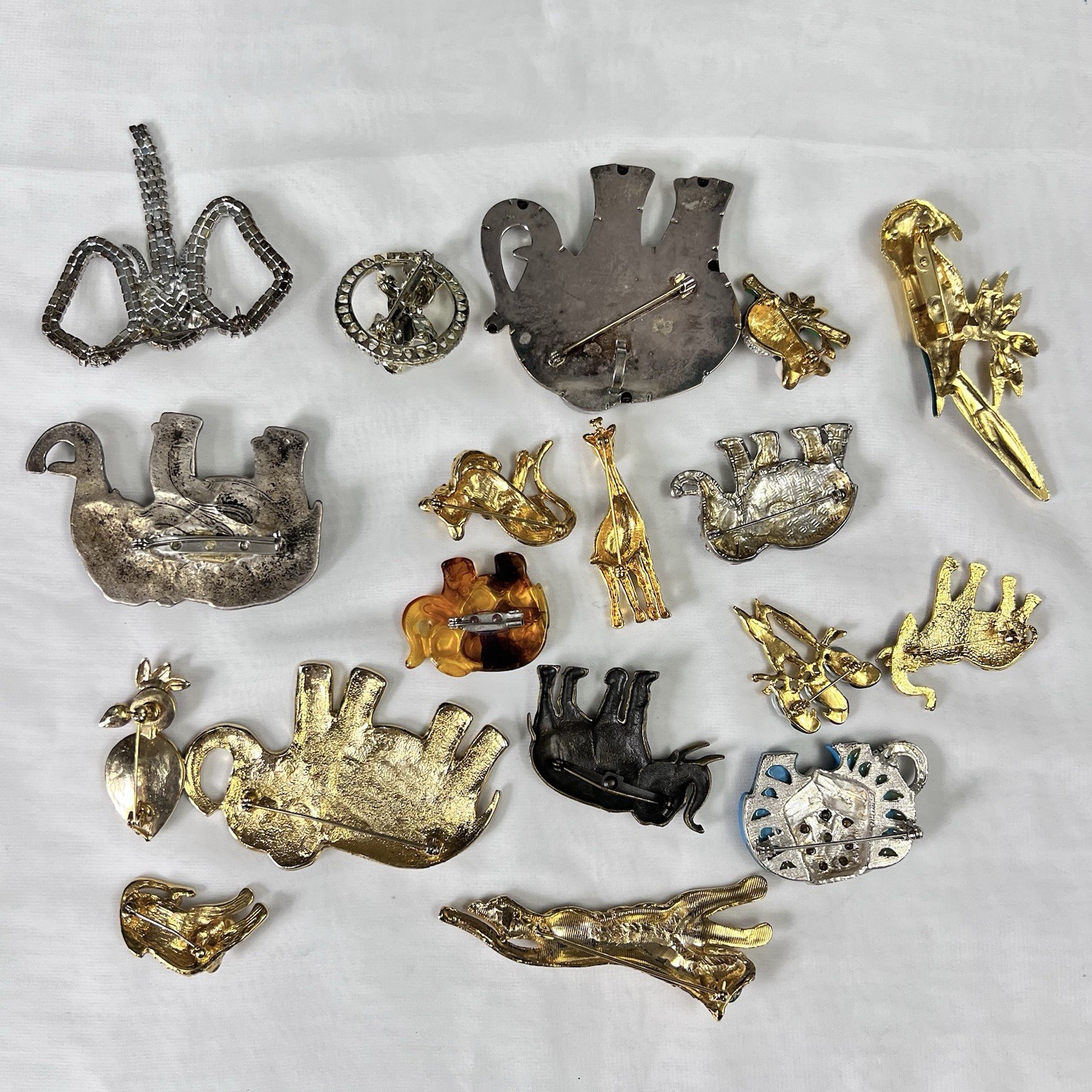 Vintage Safari Animal Brooch Pin Lot of 18 Faux Pearl Crystal Enamel Gold Tone