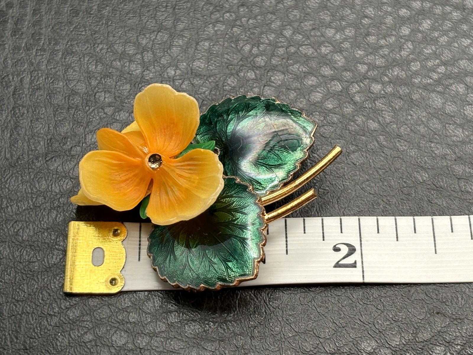 Vintage Yellow Pansy Flower Brooch Rhinestone Green Enamel Leaves Gold Tone Pin