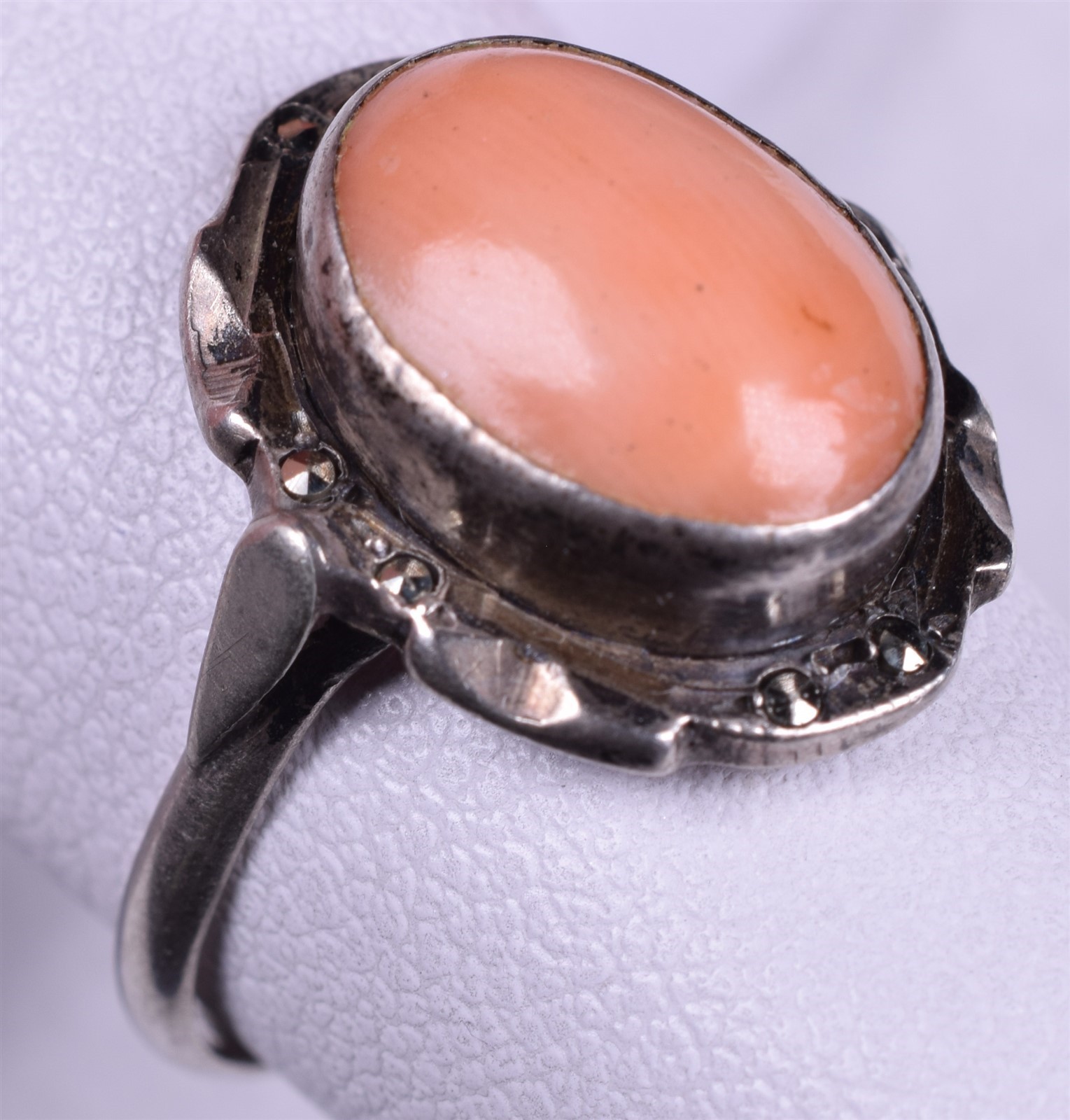 Sterling Antique Coral Marcasite Ring Size 6.5