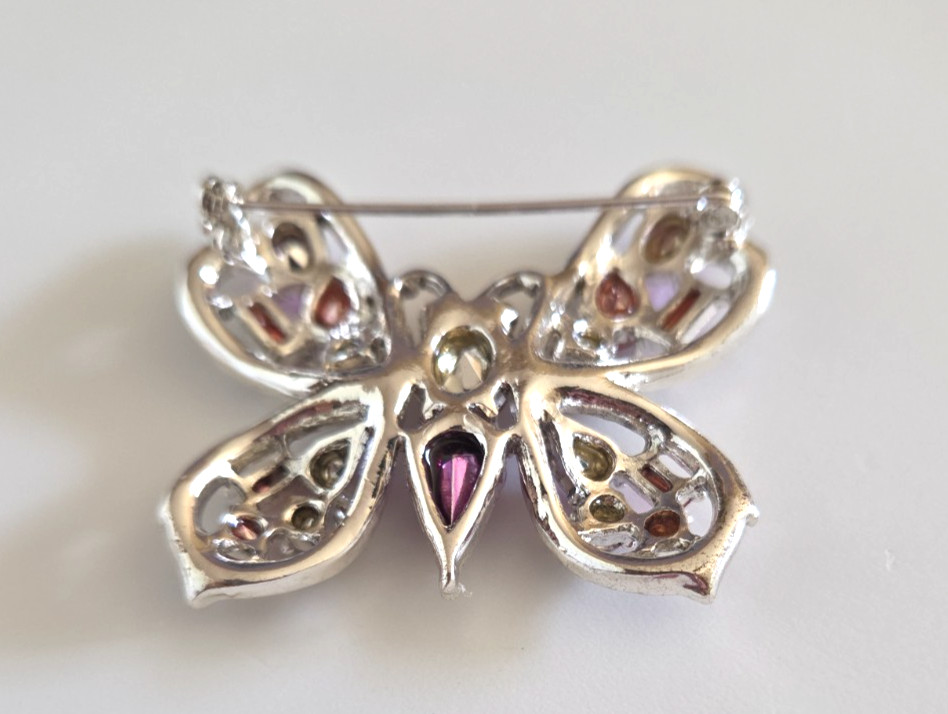 SilverTone Pink Purple Rhinestone GEM Sparkling Shimmering Butterfly Brooch Pin