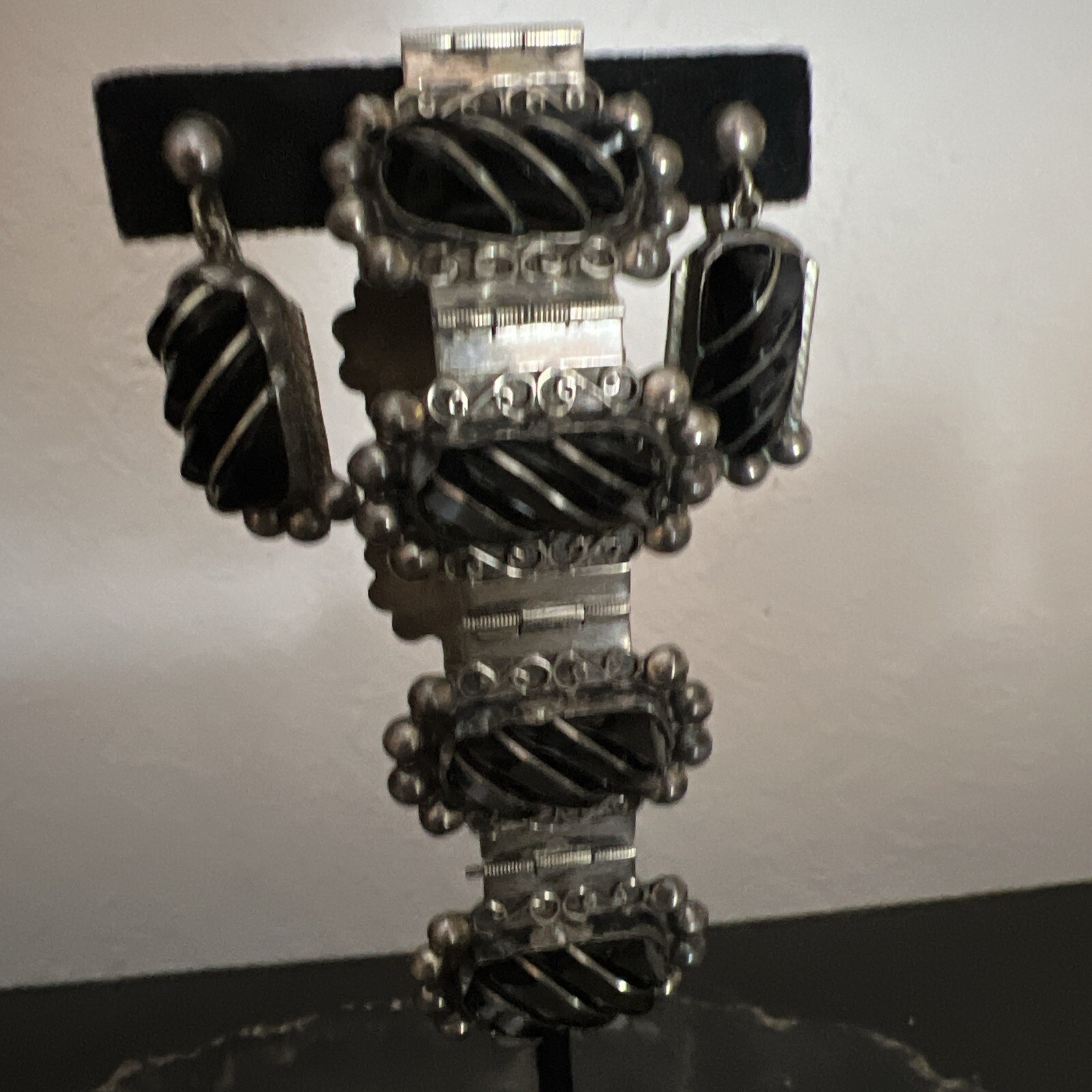 Vintage Sterling Onyx Bracelet & Earrings Set By Del Rio 64 Grams