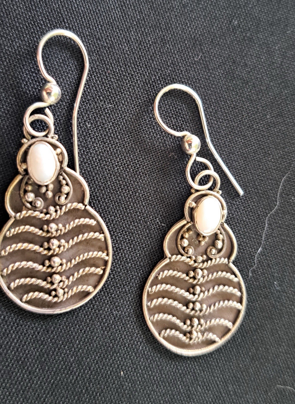 Vintage Oxidized Sterling Silver Mother of Pearl Oval White Dangle Earrings