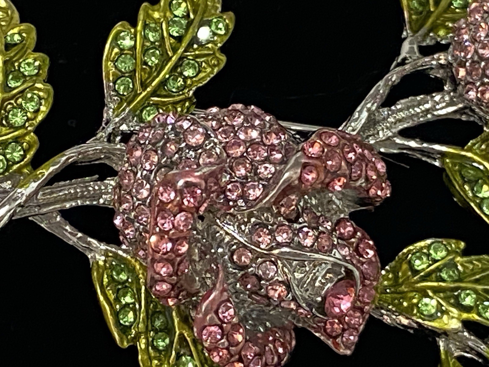 Stunning Large Vintage Pink And Green Sparkling Stones Flower Brooch