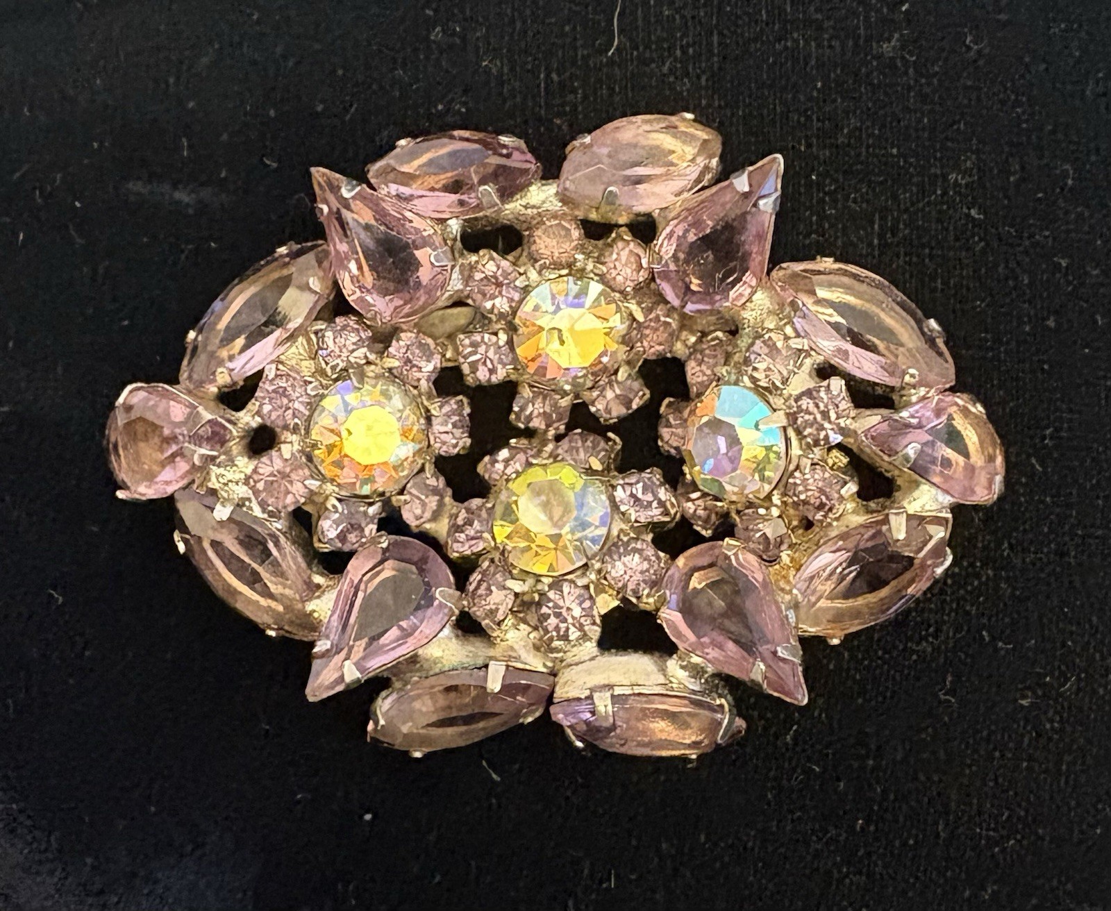 Vintage Smoky Lavendar AB Rhinestone Brooch Open Back Prong Set Cluster unsigned