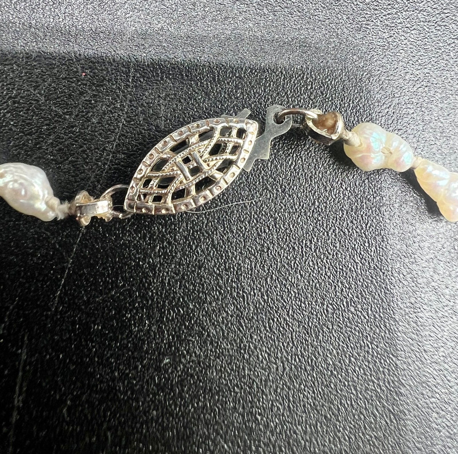 VTG Hand Knotted Freshwater Rice Pearl Necklace Sterling Silver Filigree Clasp