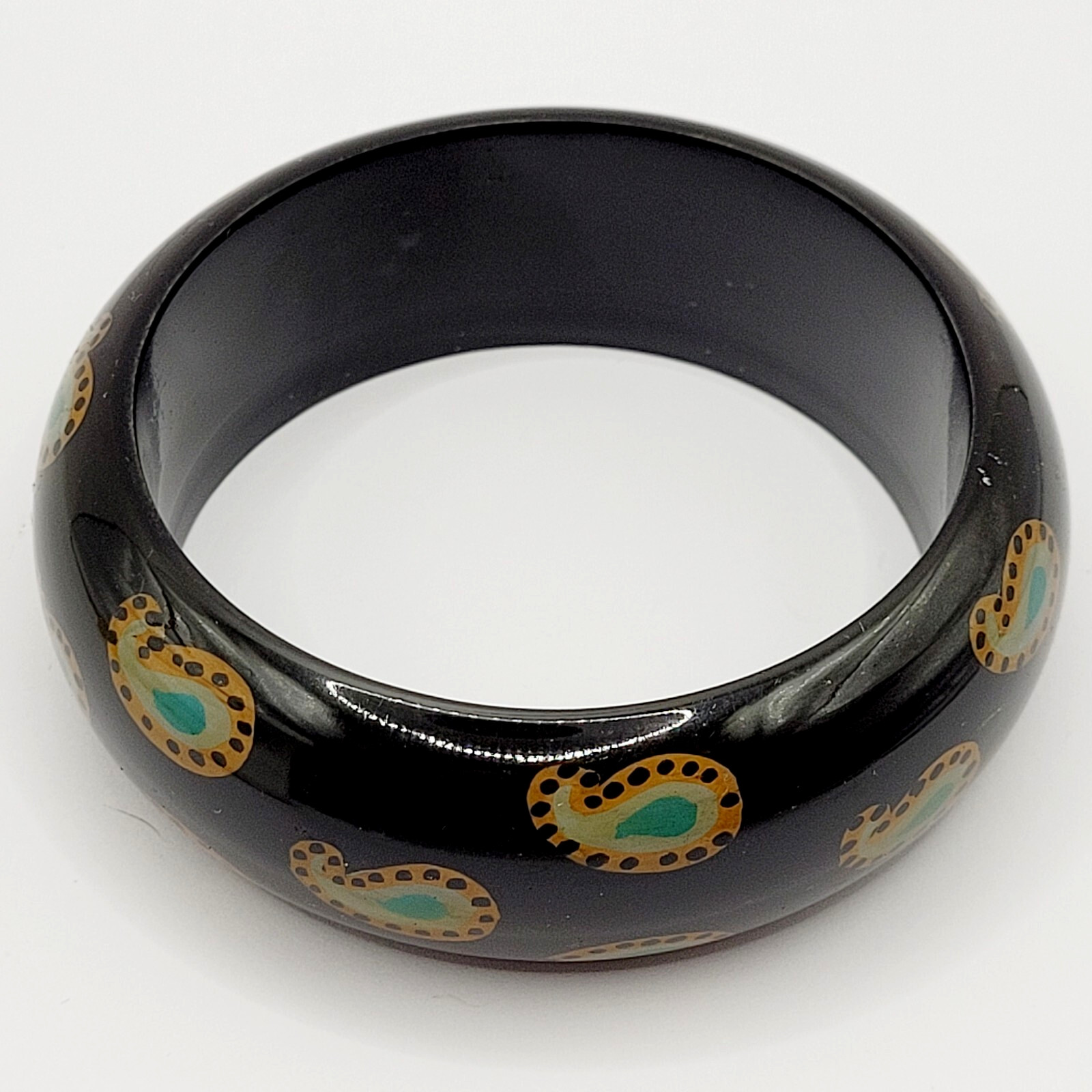 Paisley on Black Vintage Wide Chunky Vintage 1980s Acrylic Bangle Bracelet 8 In