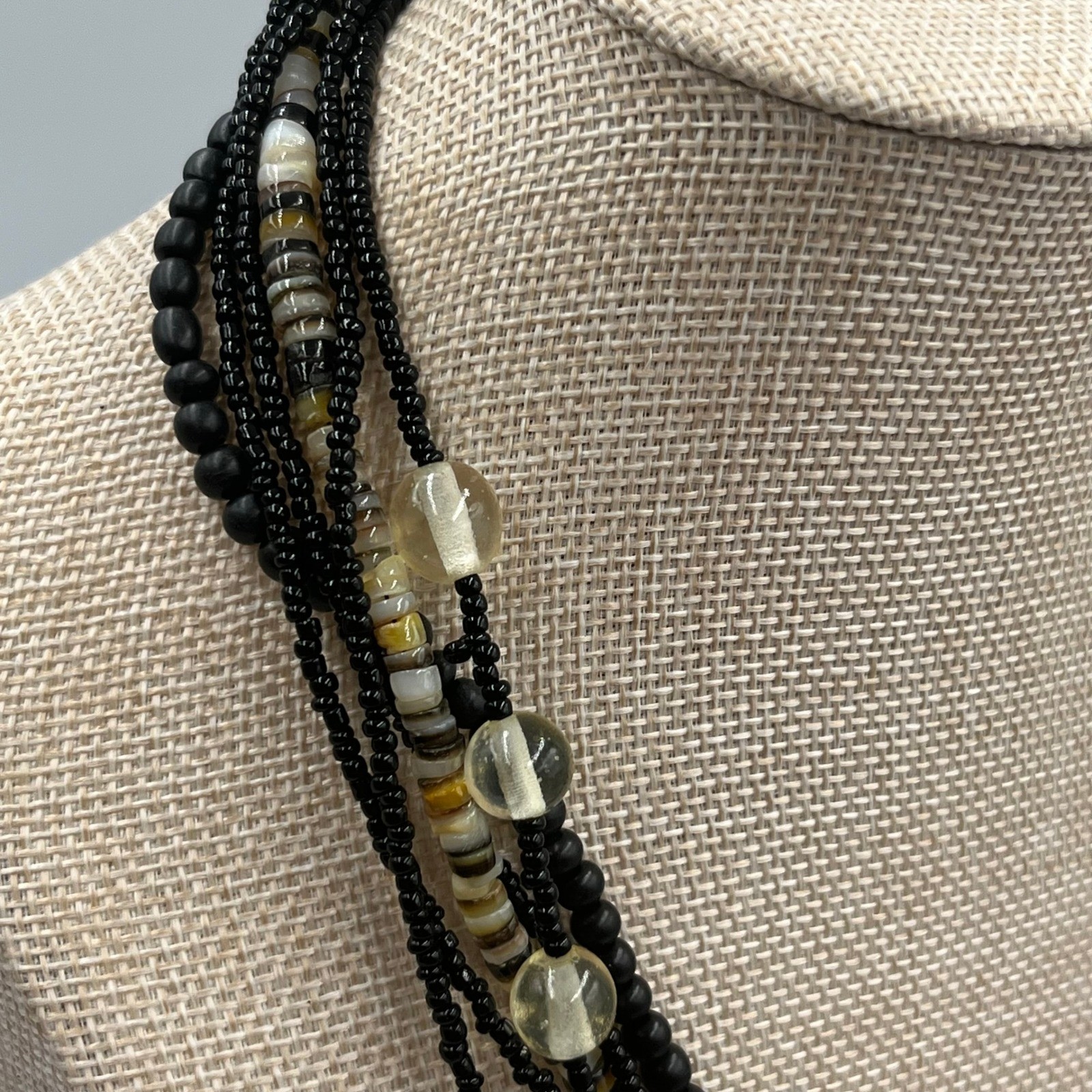 VTG Multi Strand Black Beaded Necklace Layered Shell Glass Mixed Media Statement