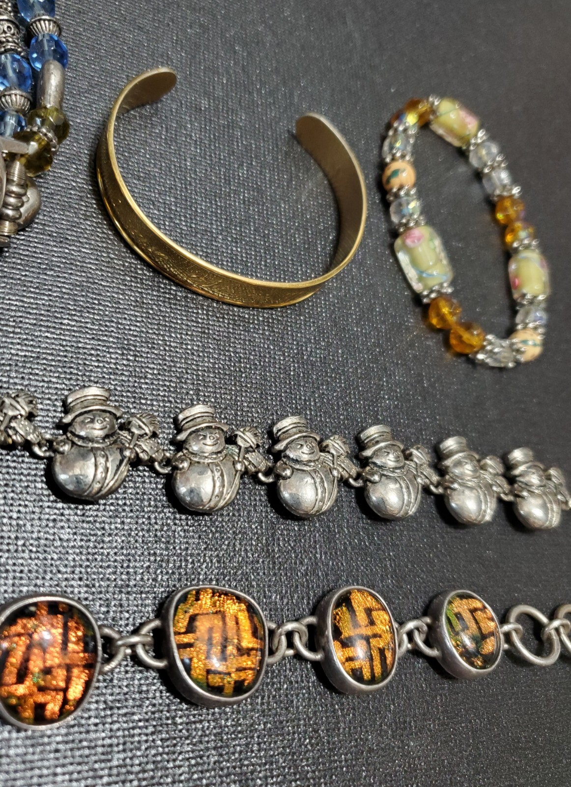 Vintage Bracelet Lot Of 5, Pewter Snowmen, Resin & Metal, Glass Bead Wristwatch