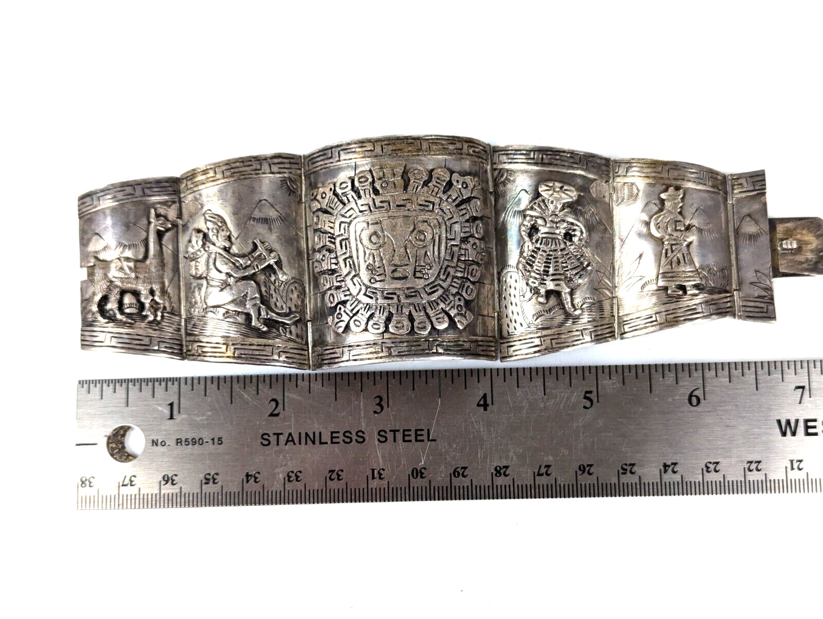 Massive Vintage PERU 925 Sterling Silver 2.25″ Extra Wide 7″ Bracelet 76 grams
