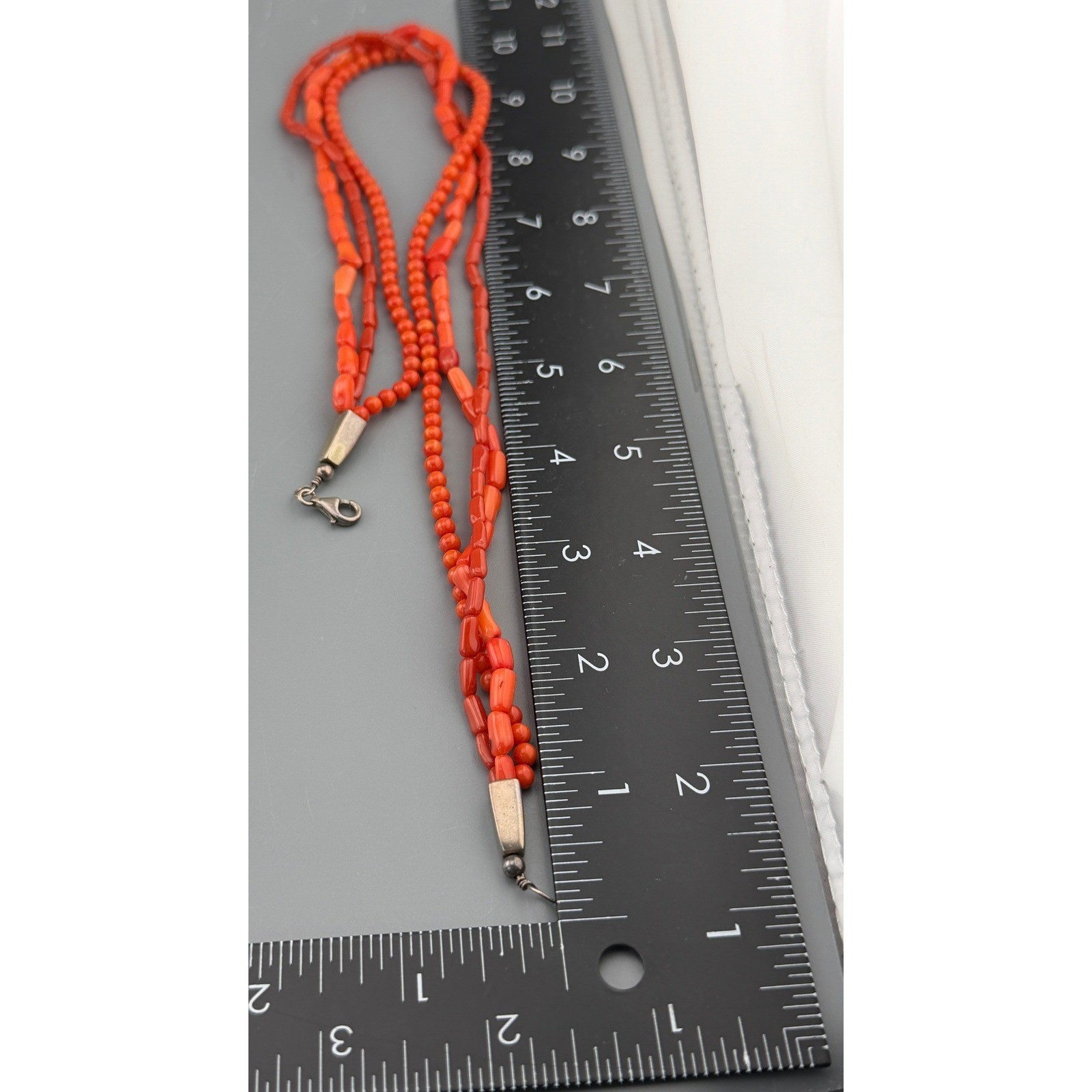 Vintage Multi Strand Coral Bead Necklace Sterling Silver Salmon Orange Beads