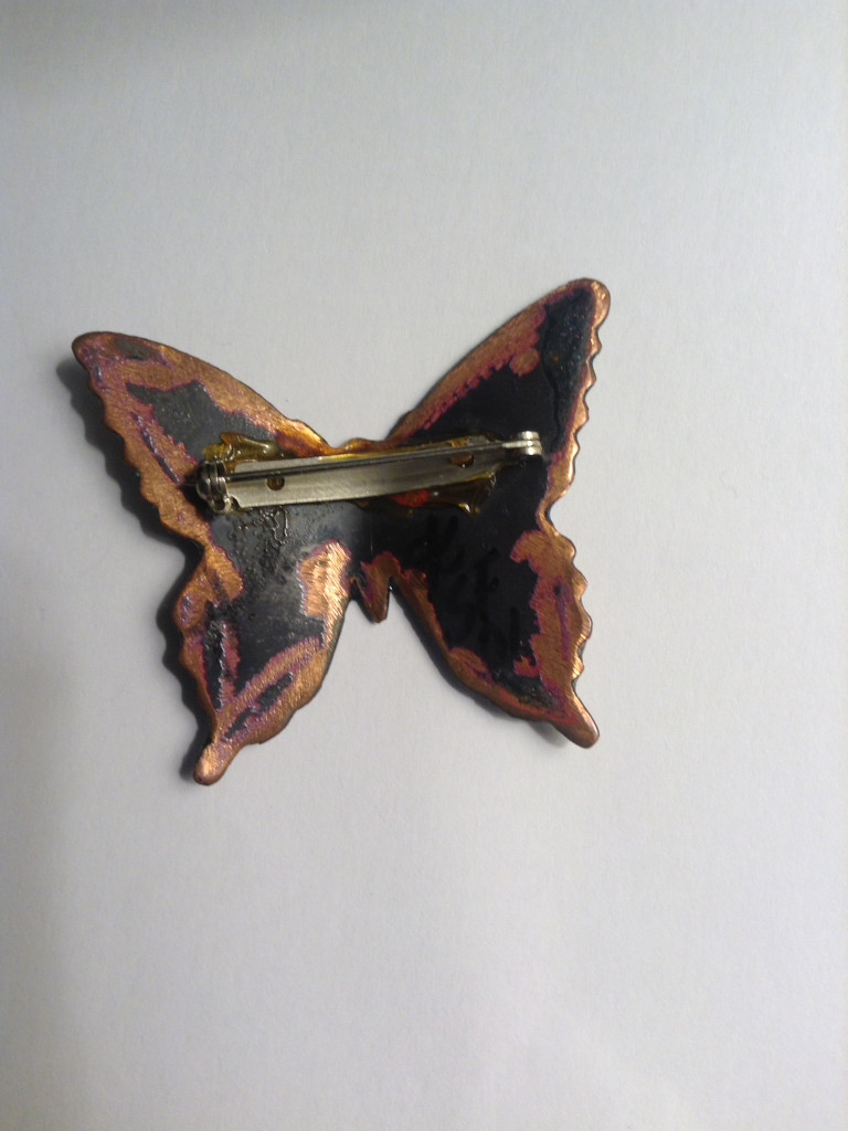 Hand made enamel iridescent blue brooch violet, and mauve butterfly