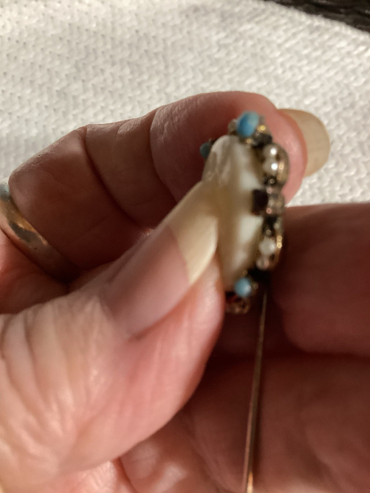 Vtg. Milk Glass Cameo Stick Pin Blue Purple Stones And Faux Pearls