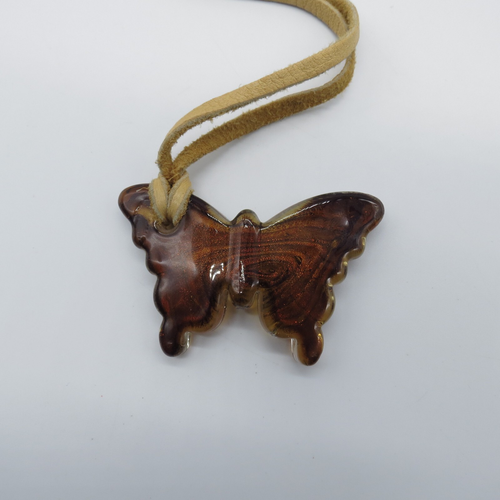 Art Glass Butterfly Pendant Necklace Brown Yellow Gold Foiled Glass 22″