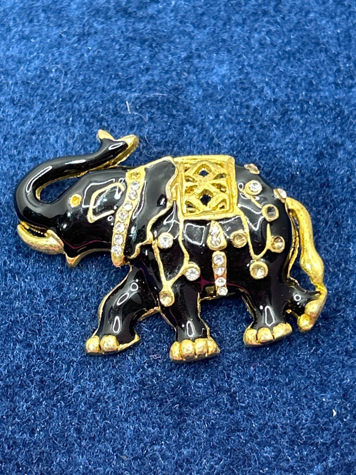 Gold & Black Enamel Elephant Brooch With Rhinestones & Safety Pin Clasp