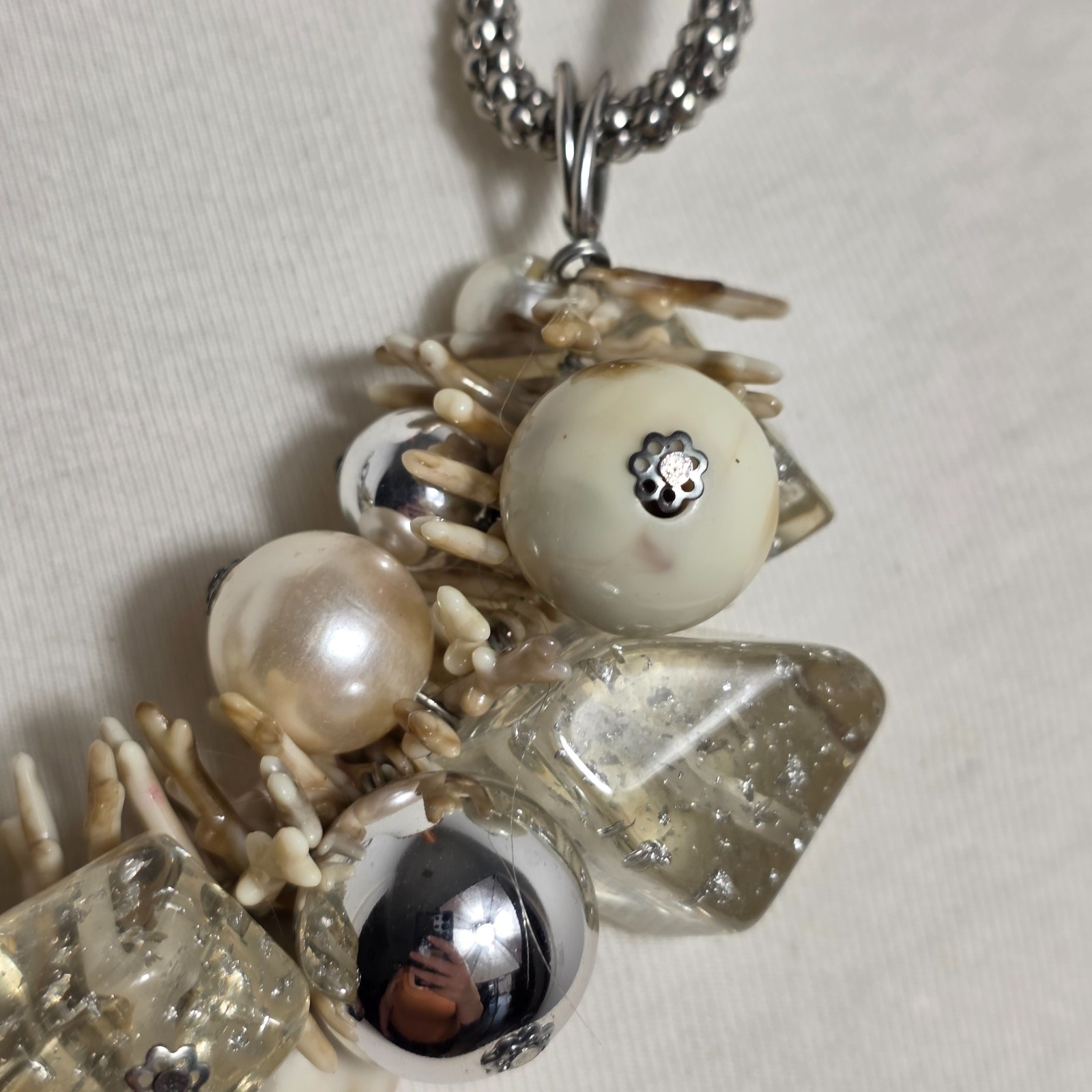 Chunky Statement Necklace Silver Chain Multi-Textured Design Silver & Cream Tone