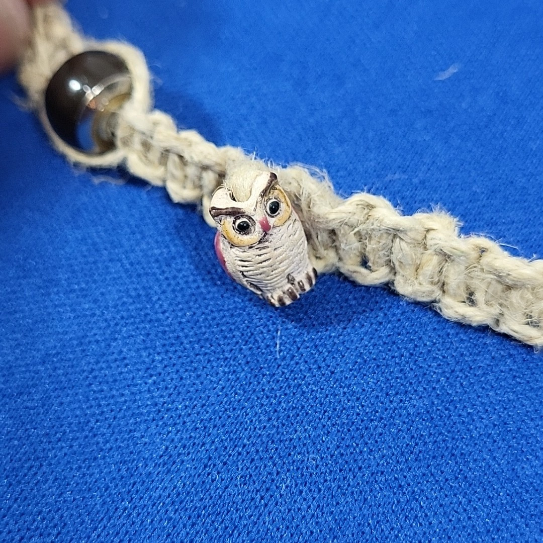 Vintage Y2K Hemp Necklace Owl Themed Beaded Boho Grunge