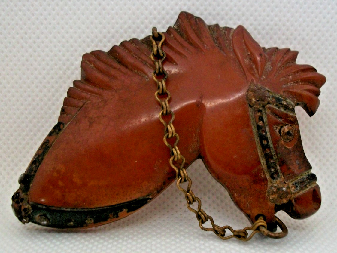 Vintage As Is – Carved Bakelite Brooch Pin – Redish Brown- HORSE Head w/Chain