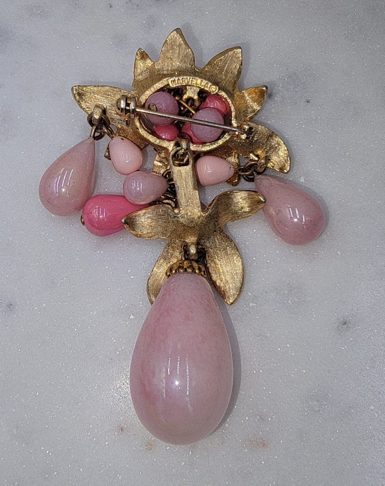 MARVELLA Pink Glass Dangle Pearls Satin Gold Tone Leaves & Glass Bead Brooch