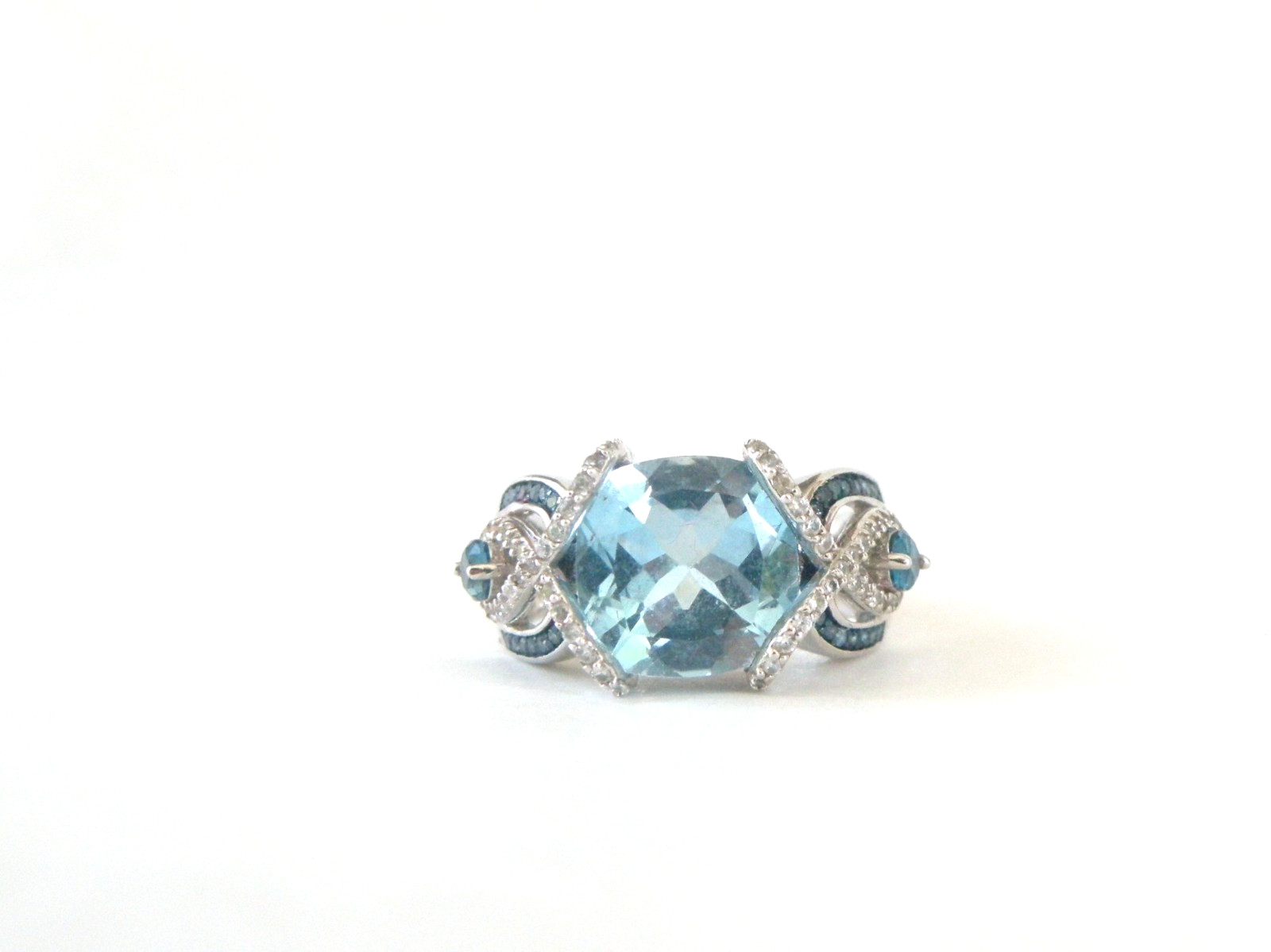 Vintage Style Sterling Silver 925 Natural Heated Blue Topaz Diamond Ring Size 6