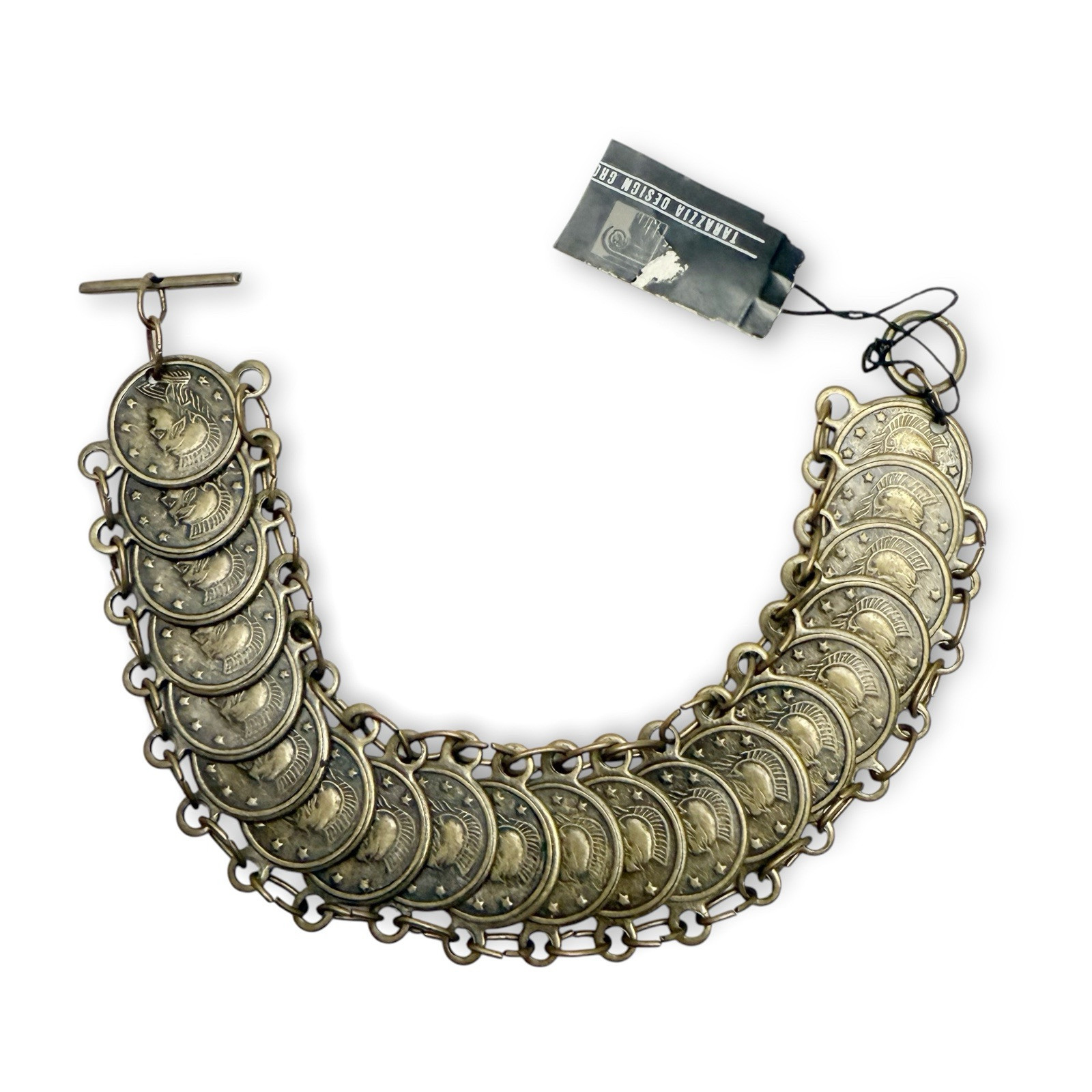 Vintage Tarazzia Roman Coin Medallion Charm Link Chain Toggle Bracelet