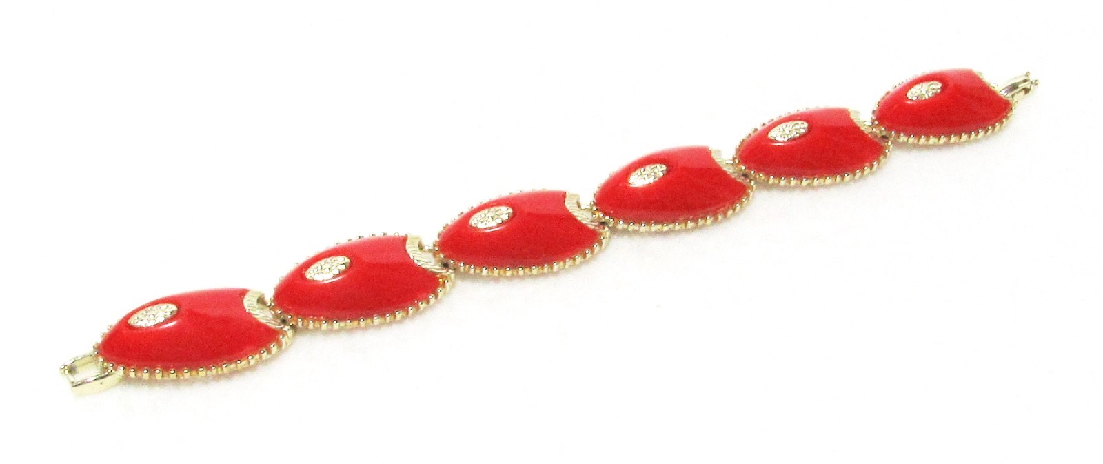 Retro Vintage Red w/Gold Accents Choker Necklace Link Bracelet Clip Earrings Set