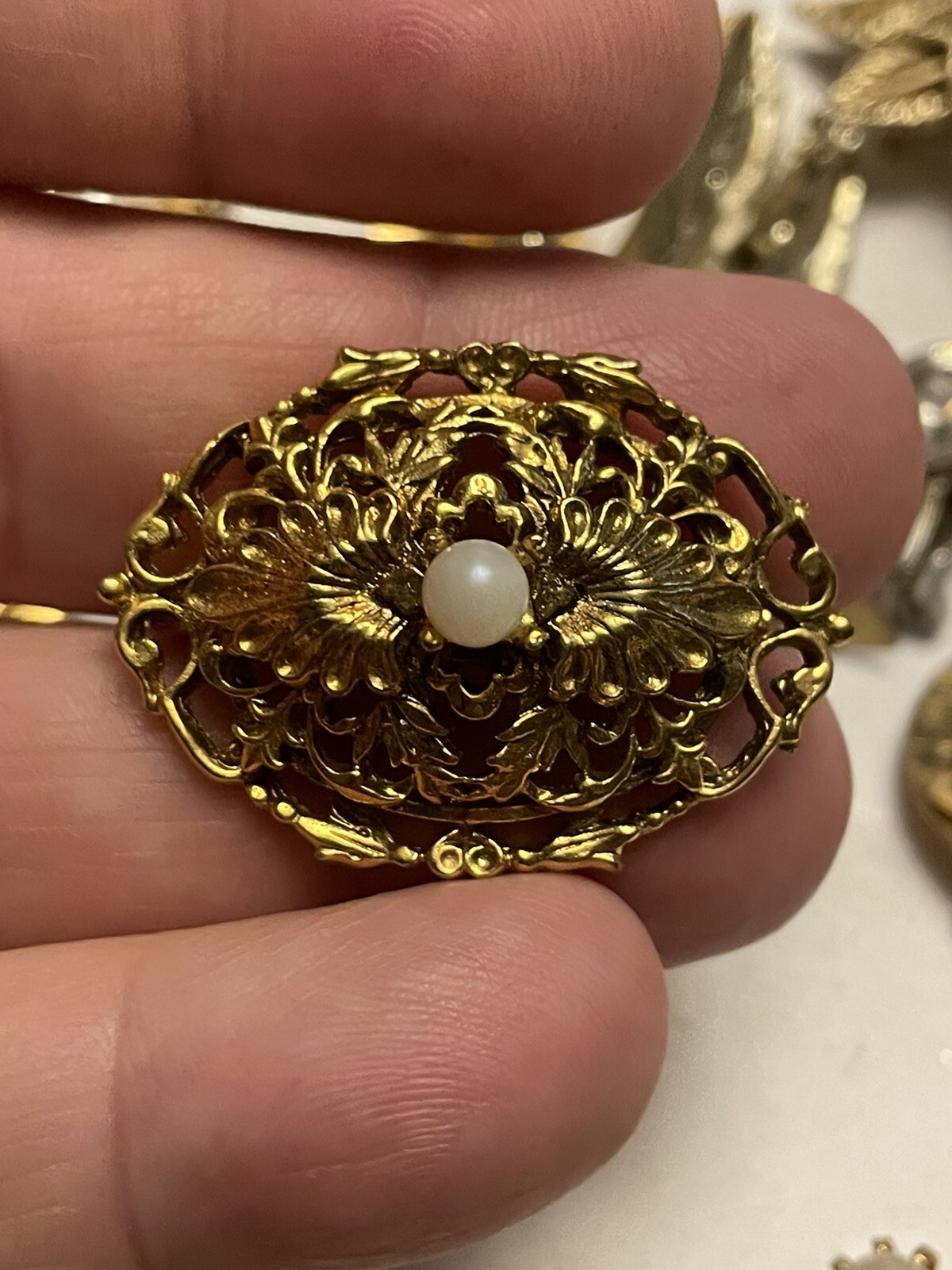 Signed Tacoa Vintage Filigree Gold Tone Seed Pearl Brooch Pin