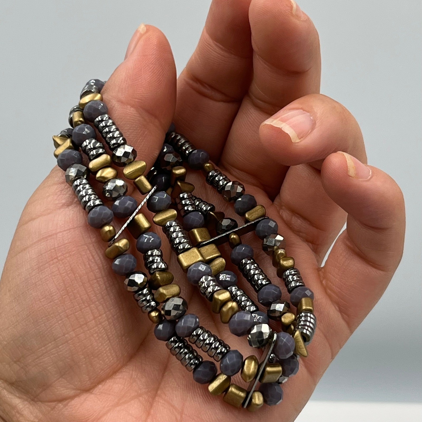 Vintage Multi Strand Beaded Bracelet Gray Faceted Beads Gold Silver Tone Wrap