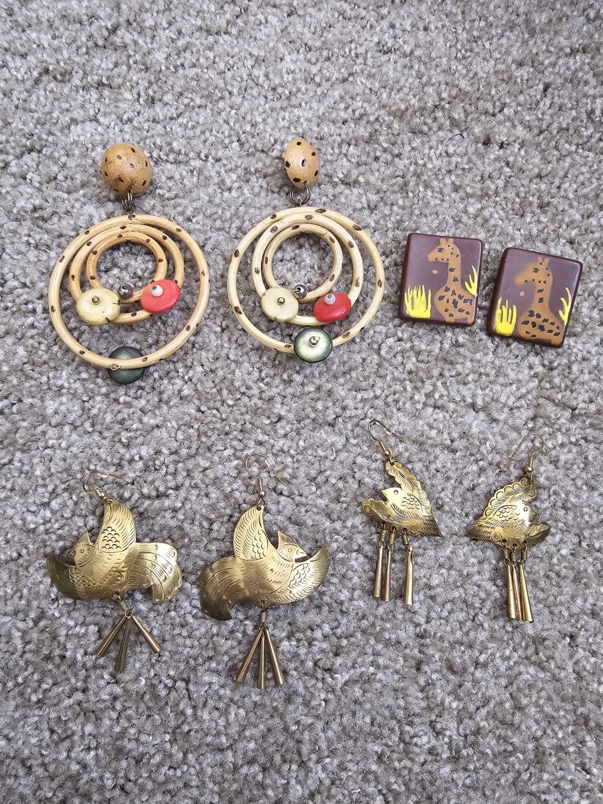 Vintage 4 Piece Lot Boho Earrings Pierced Brass Birds Bamboo Giraffe Art Teacher
