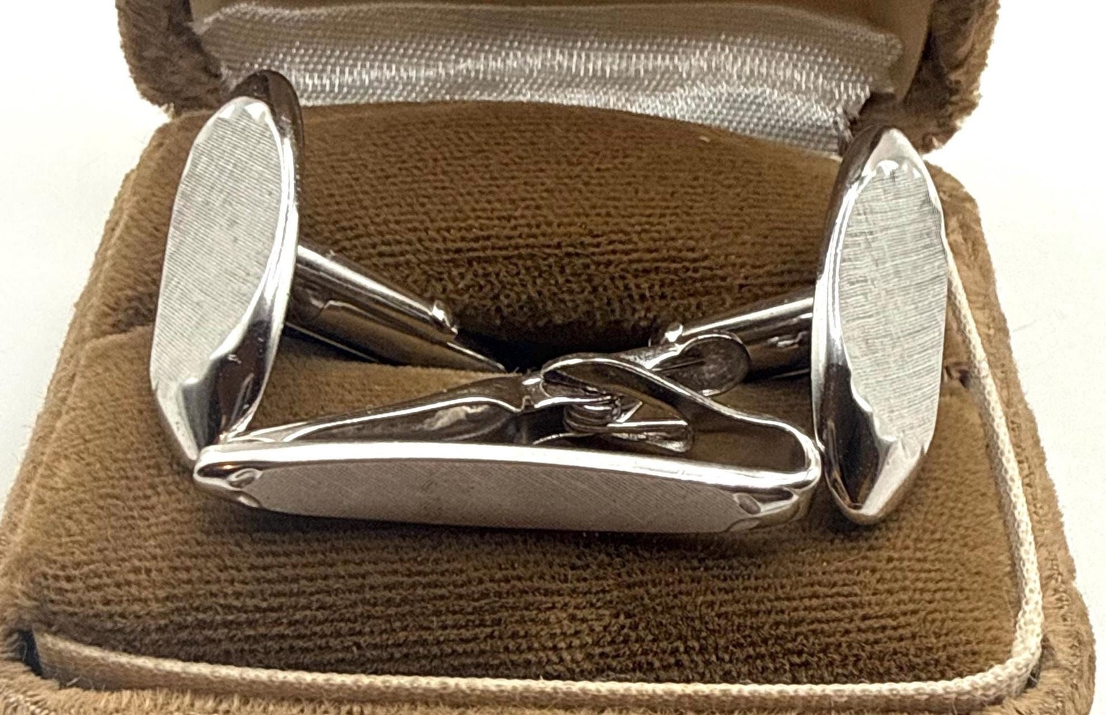 Vintage Swank silver tone textured elongated oval cuff links and tie clip set