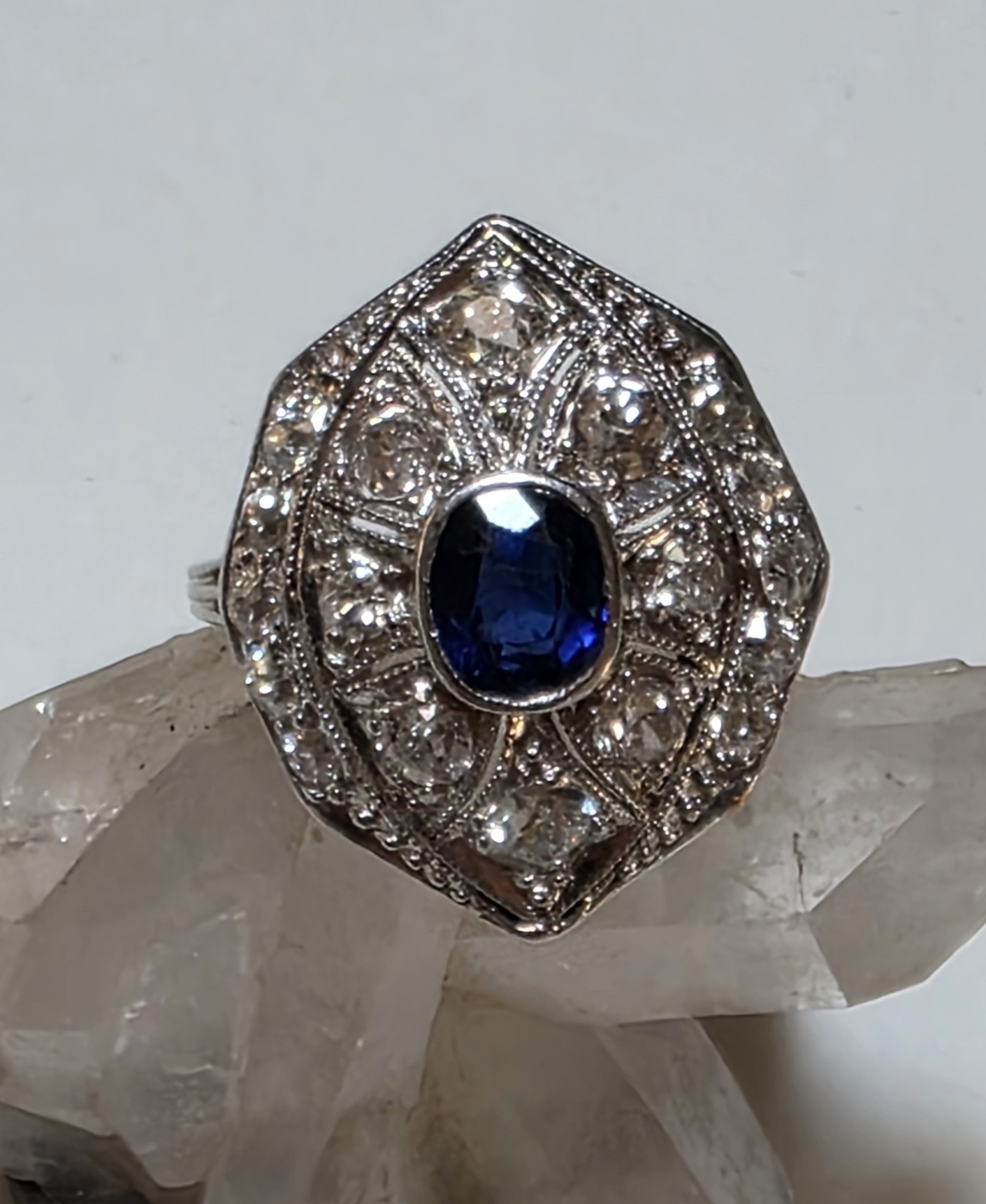 Antique Platinum Old European And Mine Cut Diamonds Blue Synthetic Sapphire Ring