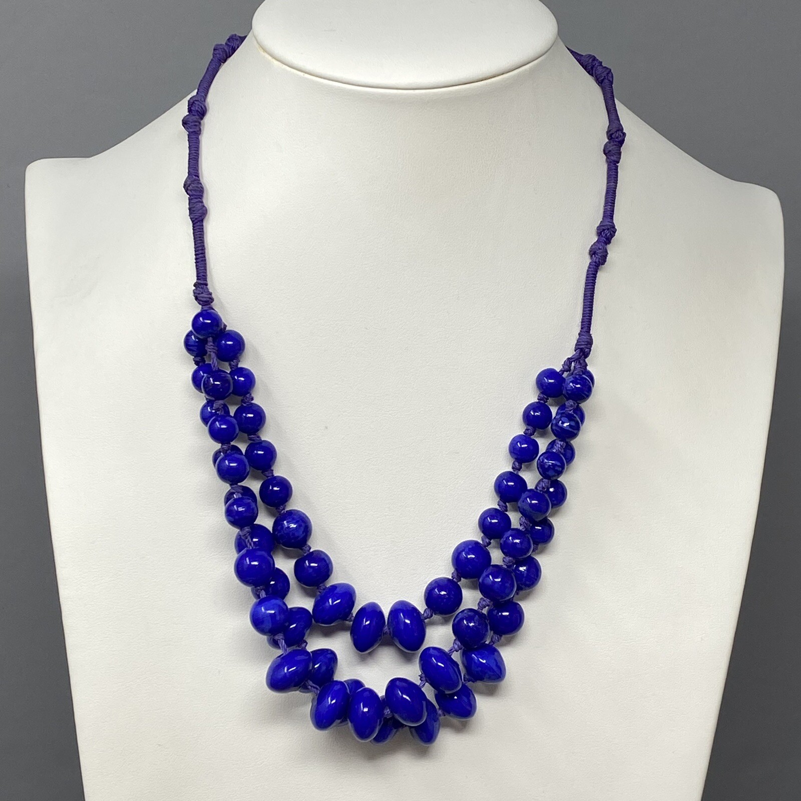 VTG Ceramic Bead Necklace Blue Marble Hand Knot Cord Chain Multi Strand Boho 21″