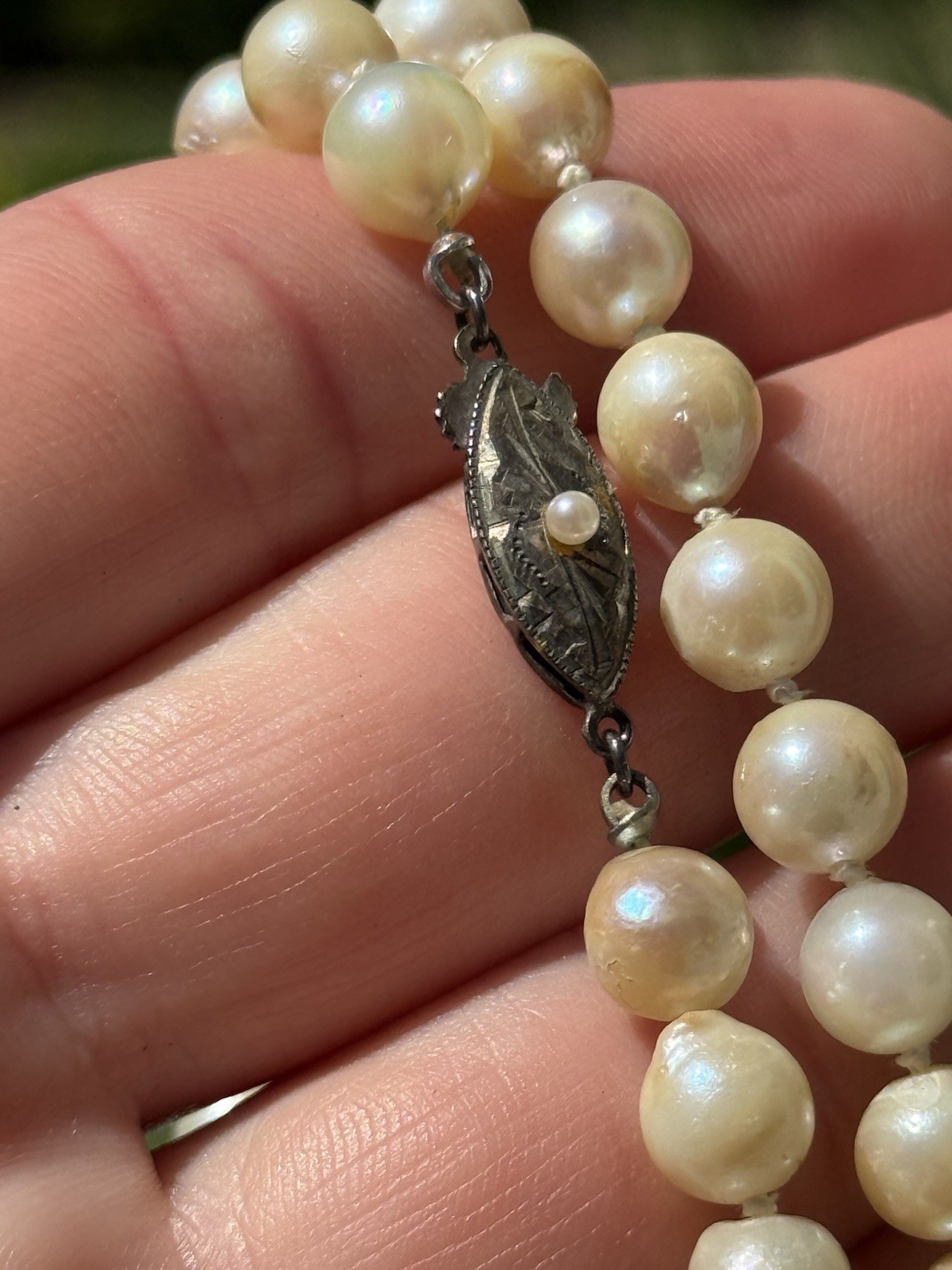 Vtg Art Deco Sterling Silver Pearl Clasp Baroque Akoya Hand Knotted Necklace 25”