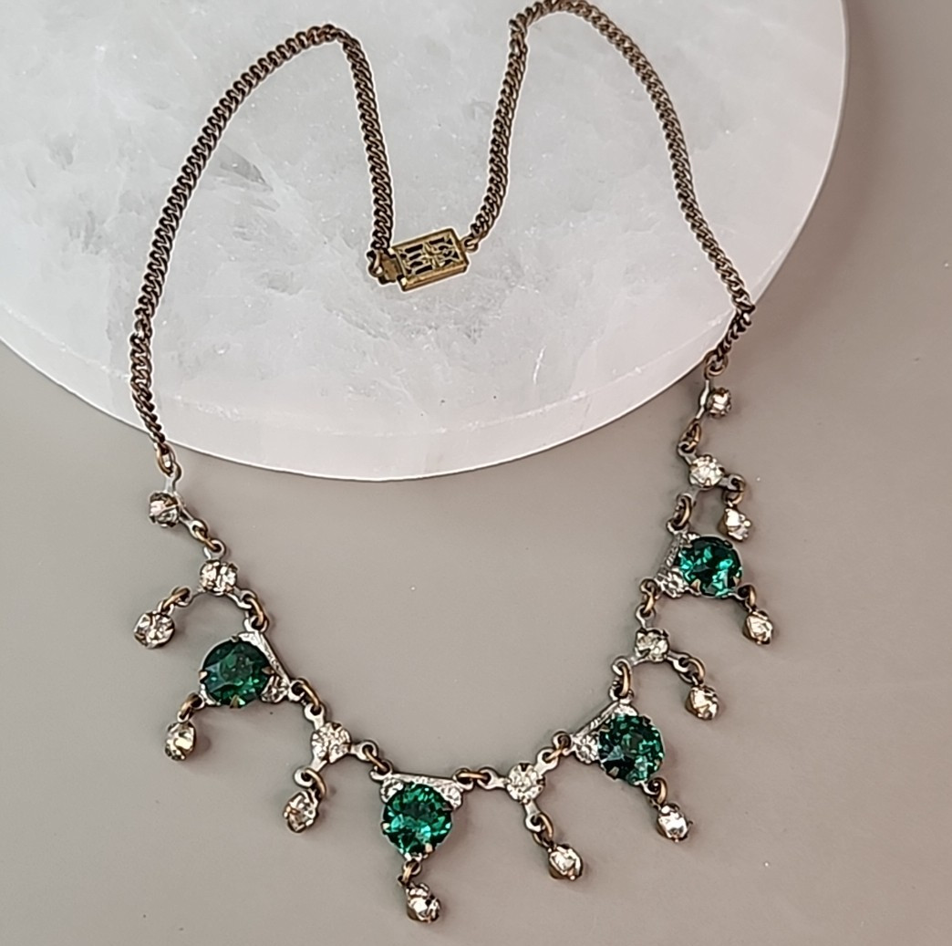 Vintage Rhinestone Necklace Festoon Green Glass Drops Multi-tone 16″ 1940s