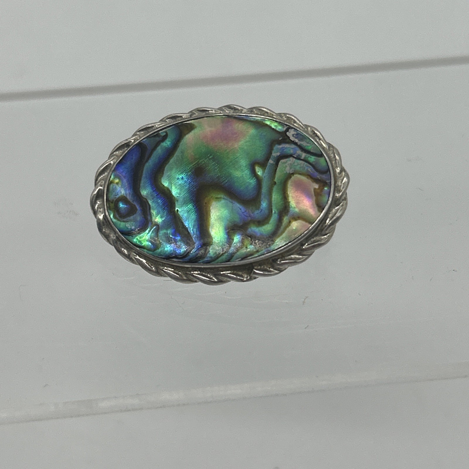 Vintage Paua Shell Sterling Silver Brooch 925 Oval Abalone Mother Of Pearl