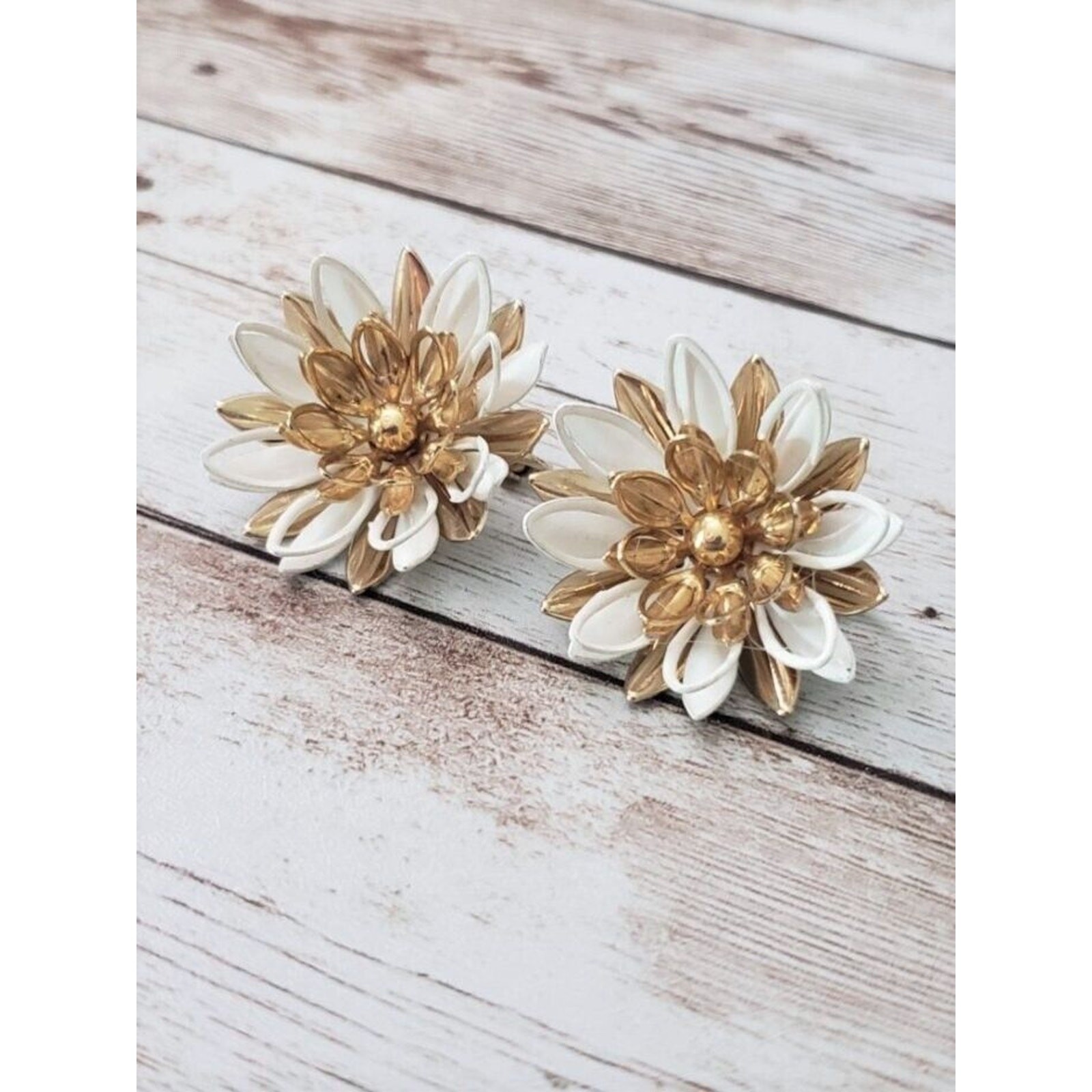 Vintage Clip On Earrings Stunning Off White & Gold Tone Large Statement Flower