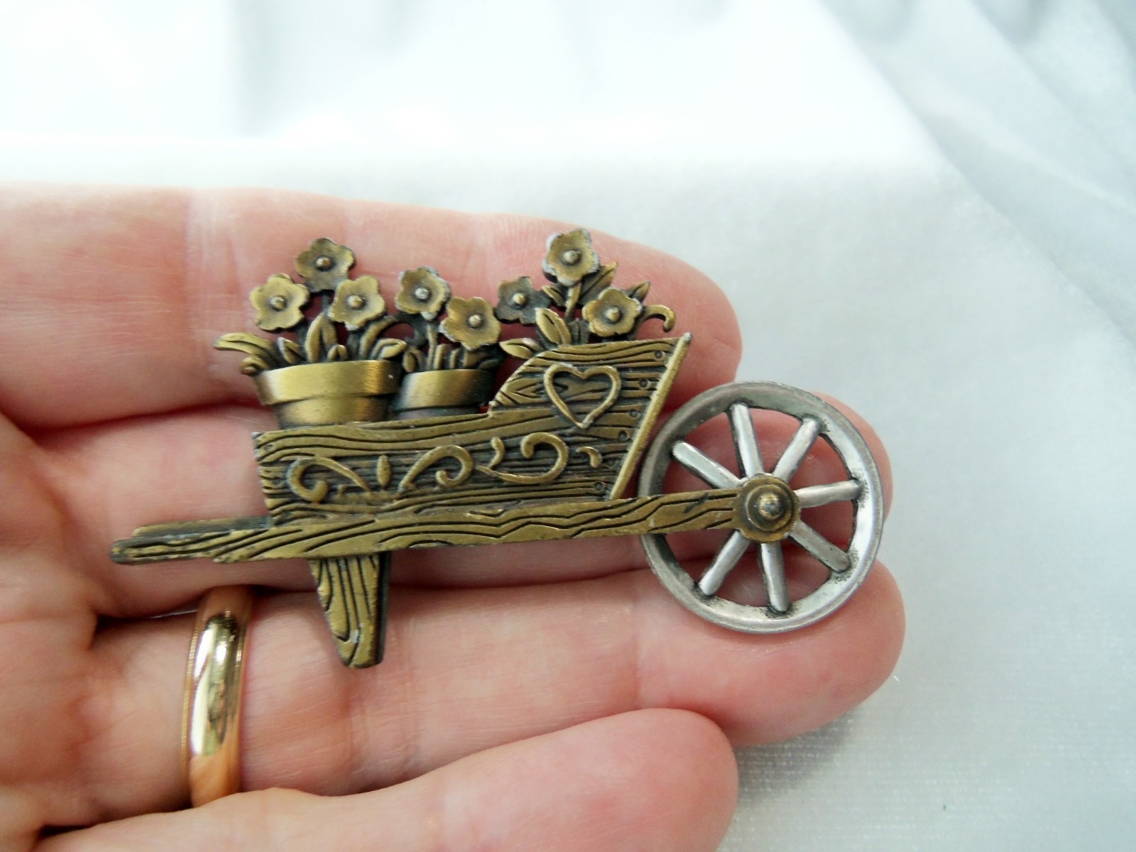 Vintage JJ Jonetta Flower Wheelbarrow Two Tone Metal Moving Brooch