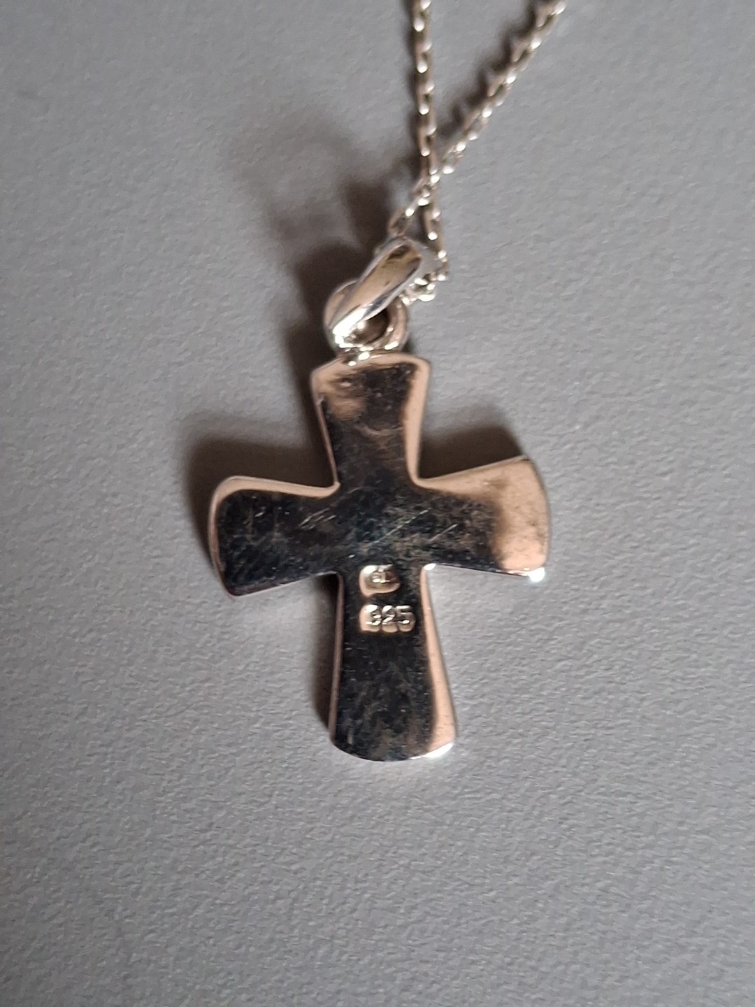 Blue Opal Inlay Rounded .925 Sterling Silver Cross + 18″ Link Silver Chain Italy