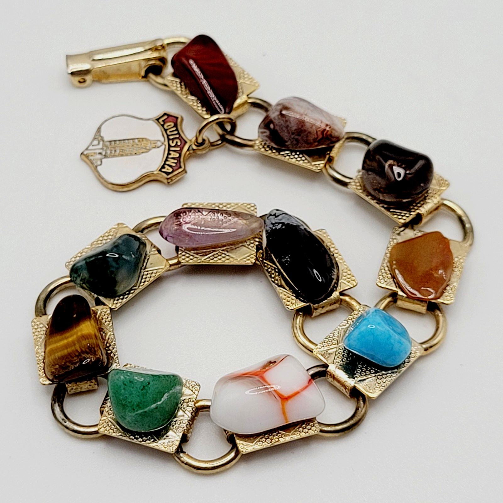 Souvenir Louisiana Natures Worldwide Polished Gemstones Gold Tone Vtg Bracelet