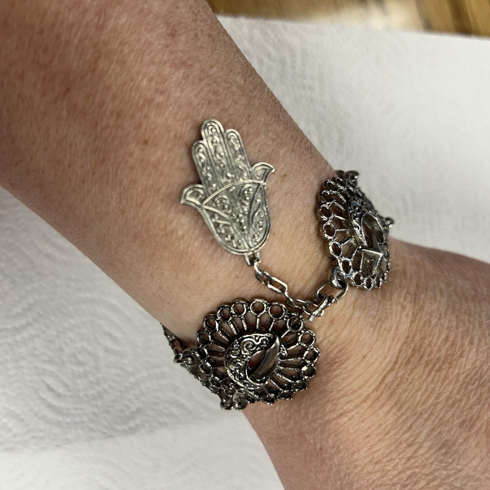 Vintage Souvenir Du Maroc Silver Bracelet Armenian Hamsa Moon Star Camel Travel