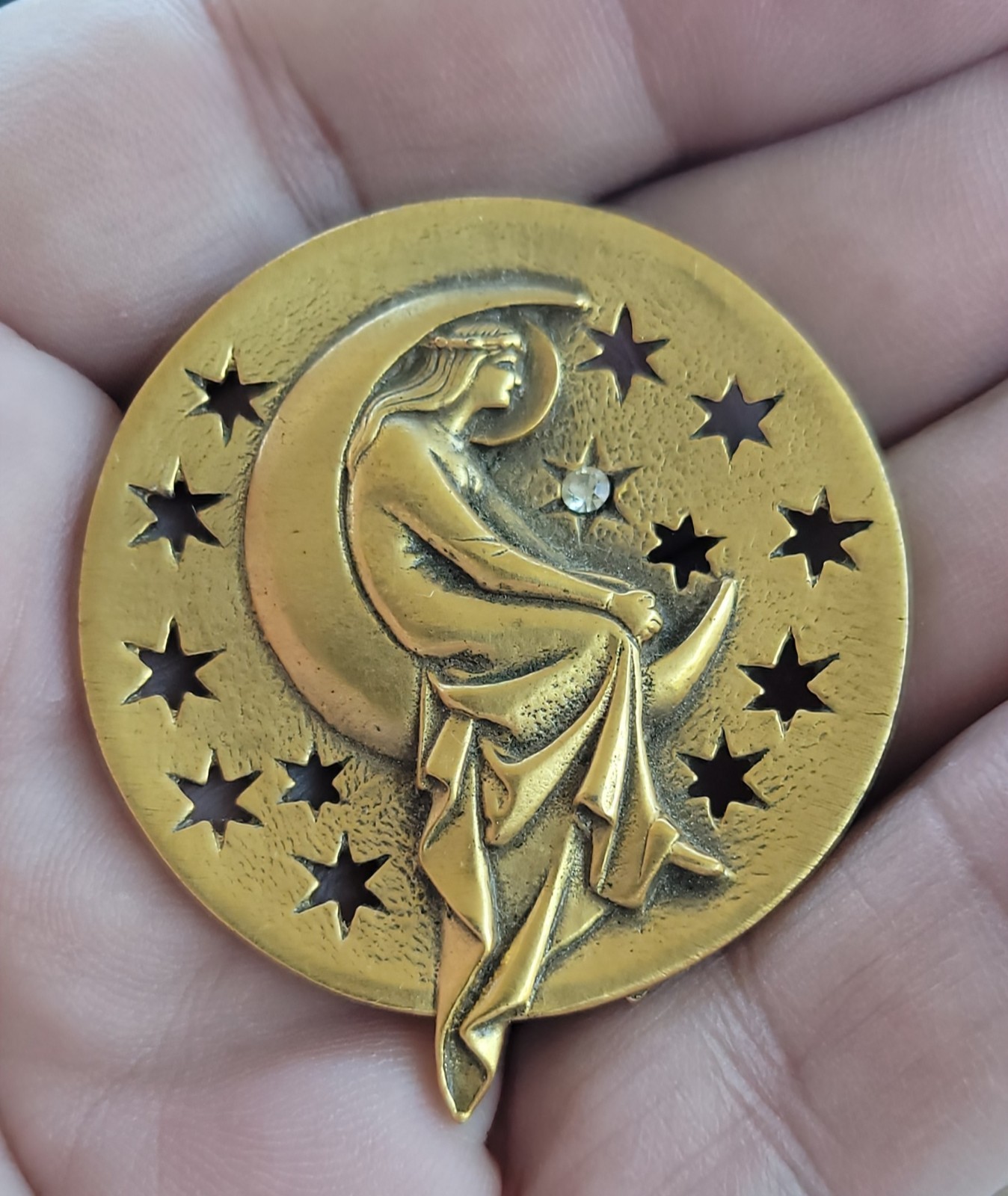 Alva Museum Pin Brooch Diana Goddess of the Moon Gold Tone Rhinestone Vintage