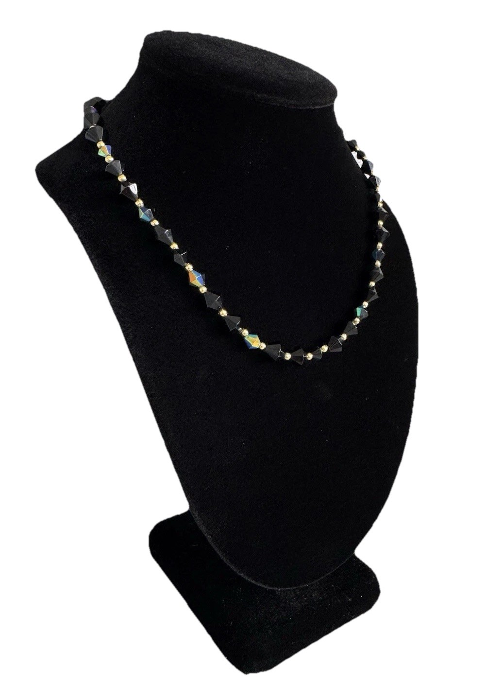 Vintage Bicone Cut Black Aurora Borealis Crystal Bead Gold Tone Accent Necklace